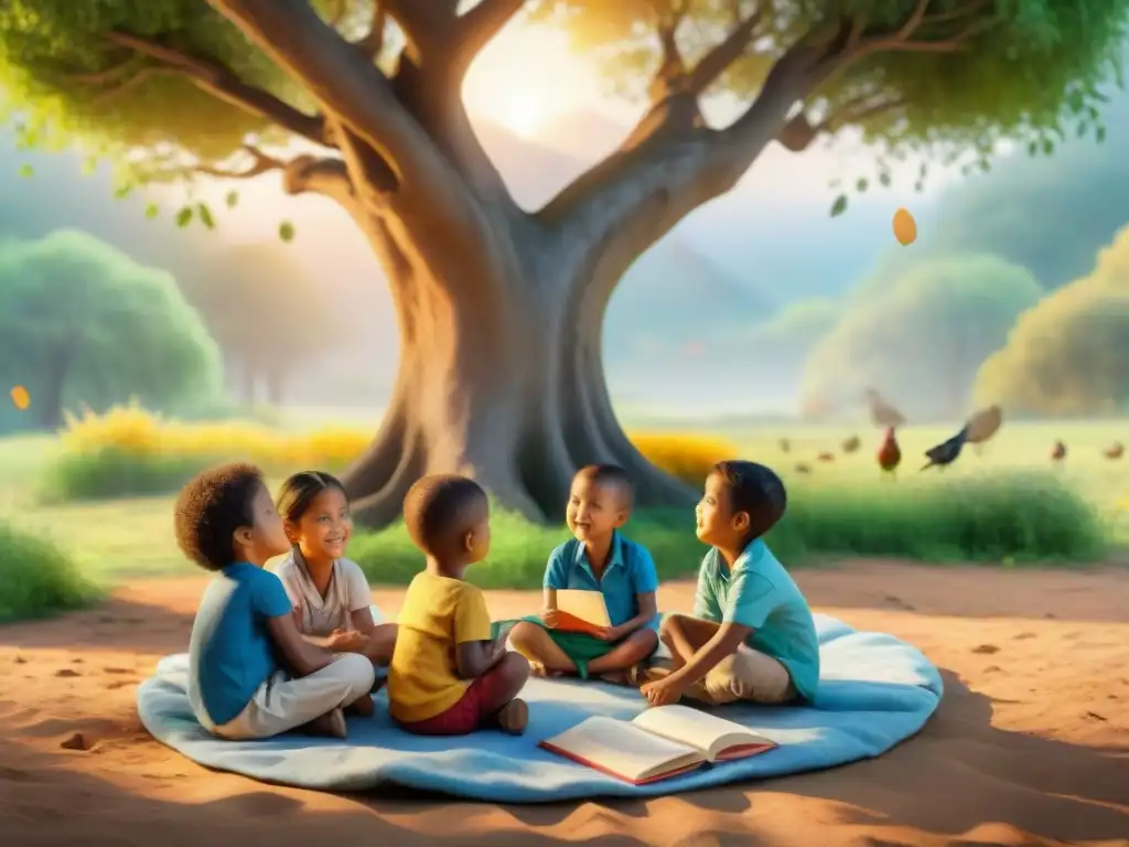 Un grupo diverso de niños aprende idiomas bajo un árbol al atardecer