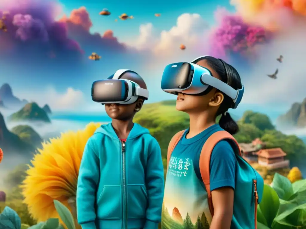 Grupo diverso de niños disfrutando de una innovadora experiencia de enseñanza de lenguas a través de la realidad virtual