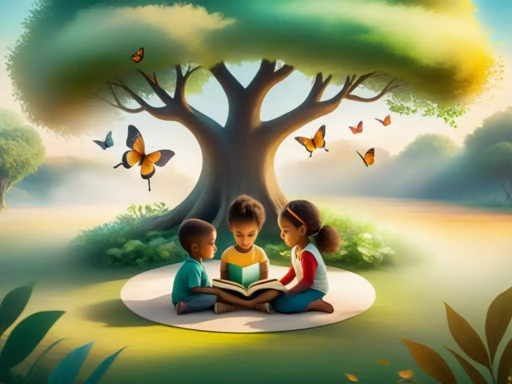 Un grupo diverso de niños lee libros multilingües bajo un árbol, con mariposas coloridas revoloteando