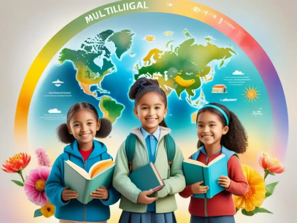 Un grupo diverso de niños de todo el mundo sonríe mientras sostienen libros en sus idiomas nativos