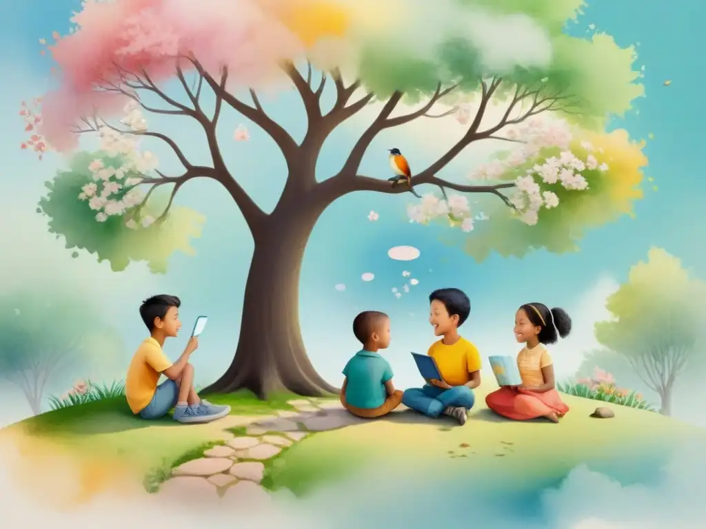 Un grupo diverso de niños sonrientes conversando en varios idiomas bajo un árbol floreciente, simbolizando la belleza de los trastornos del lenguaje bilingües