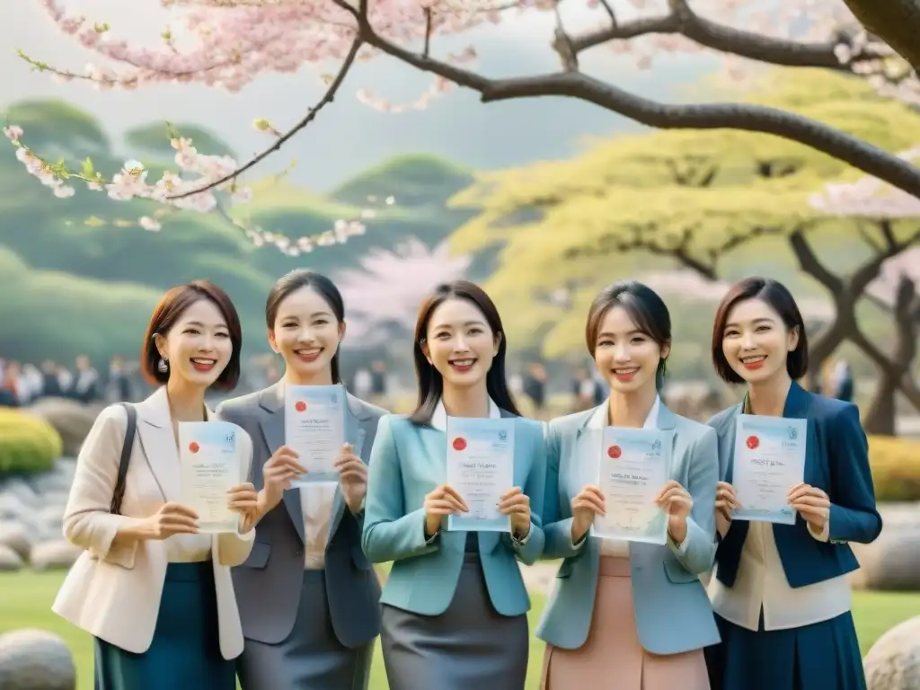 Un grupo diverso celebra con orgullo bajo un cerezo en un jardín japonés tras aprobar el JLPT