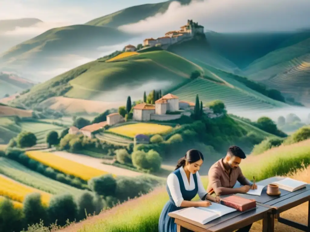 Un grupo diverso estudia francés en un paisaje campestre, con la luz suave del atardecer