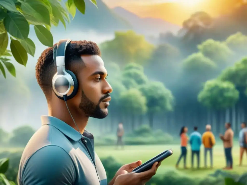 Un grupo diverso en un parque tranquilo con auriculares, concentrados en herramientas digitales para mejorar comprensión