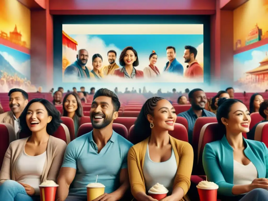 Grupo diverso disfrutando una película multilingüe en vibrante ilustración acuarela