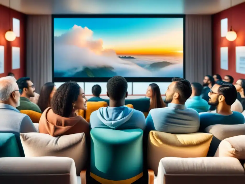 Multiculturalidad y cine: unidos por la diversidad lingüística Un grupo diverso disfruta de una película con subtítulos en varios idiomas, resaltando la importancia del multilingüismo en medios