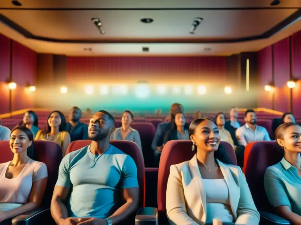 Un grupo diverso disfruta de una película con subtítulos en un cine, resaltando la importancia de la traducción para el disfrute cultural