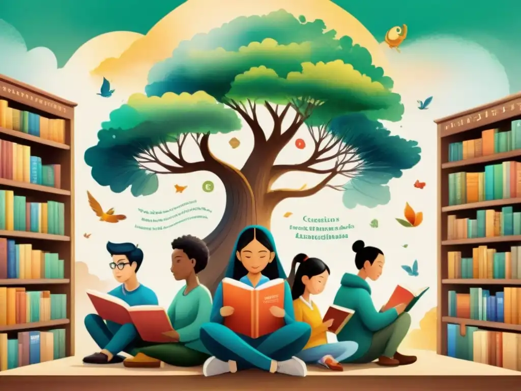 Un grupo diverso de personajes de distintas culturas sostienen libros en sus idiomas junto a un árbol del conocimiento, en una biblioteca multilingüe