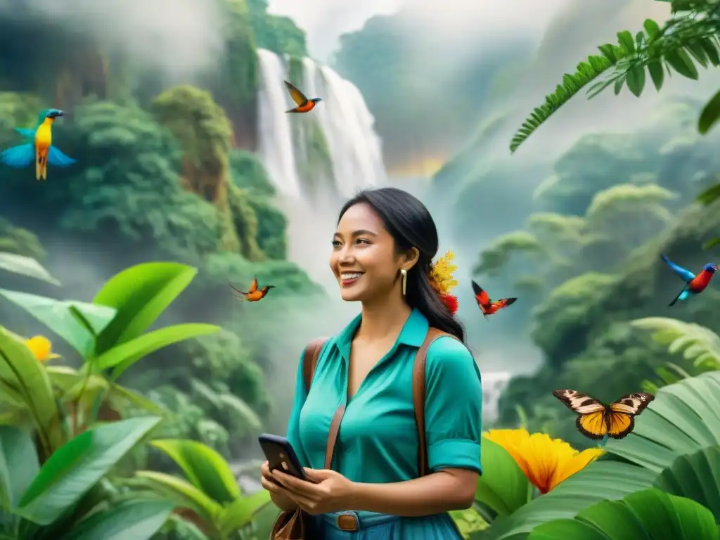 Un grupo diverso de personas usando apps para aprender lenguas indígenas en la selva tropical