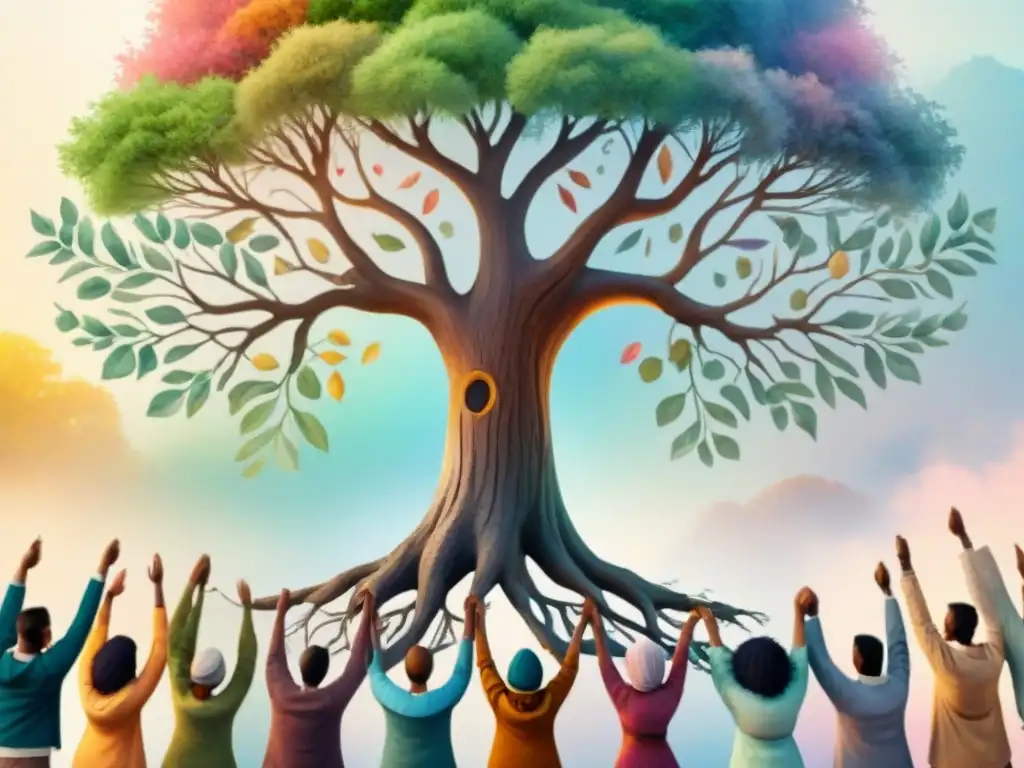 Un grupo diverso de personas se unen alrededor de un árbol antiguo en una ilustración acuarela vibrante