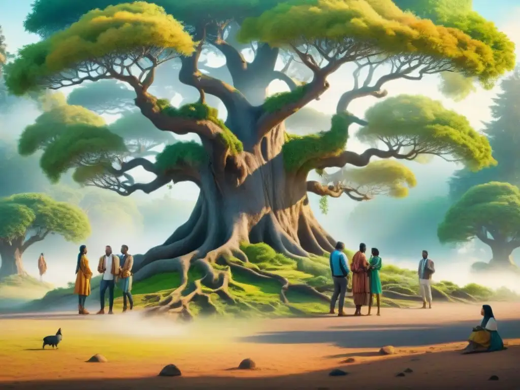 Un grupo diverso de personas se reúne bajo un árbol ancestral, compartiendo historias y lenguas vivas