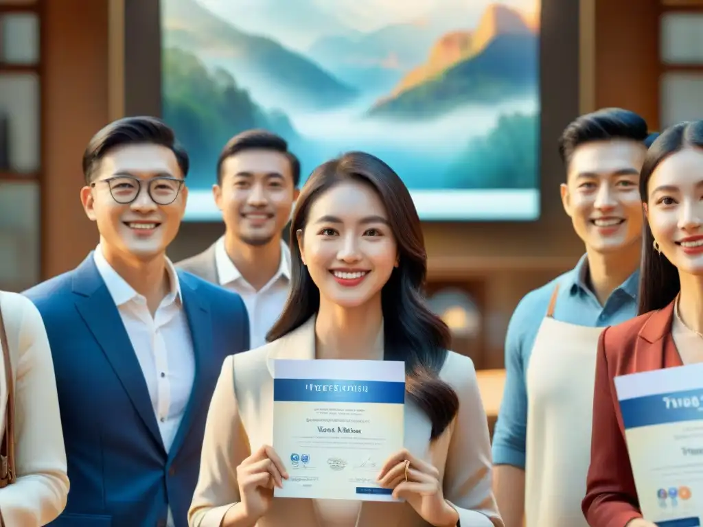 Un grupo diverso de personas con certificaciones de Cambridge, TOEFL y DELF en un entorno educativo, reflejando logros y unidad global