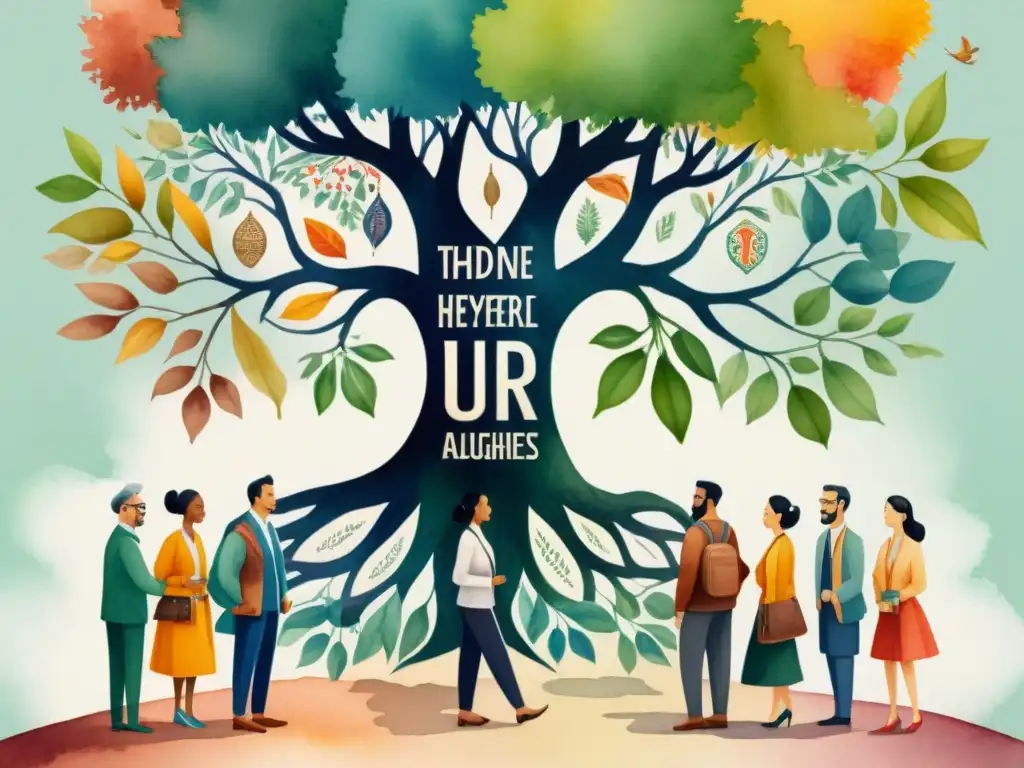Un grupo diverso de personas de distintas culturas y etnias reunidas alrededor de un árbol antiguo, cada uno hablando un idioma en peligro