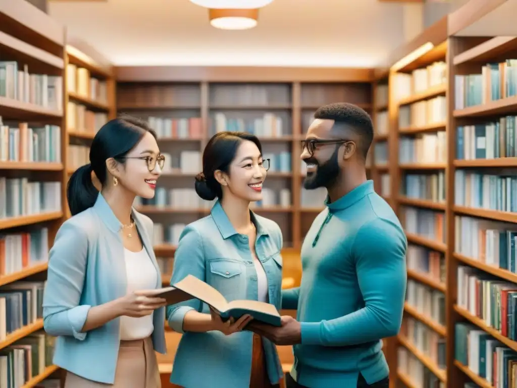 Un grupo diverso de personas de distintas culturas traduce un libro en una biblioteca armoniosa