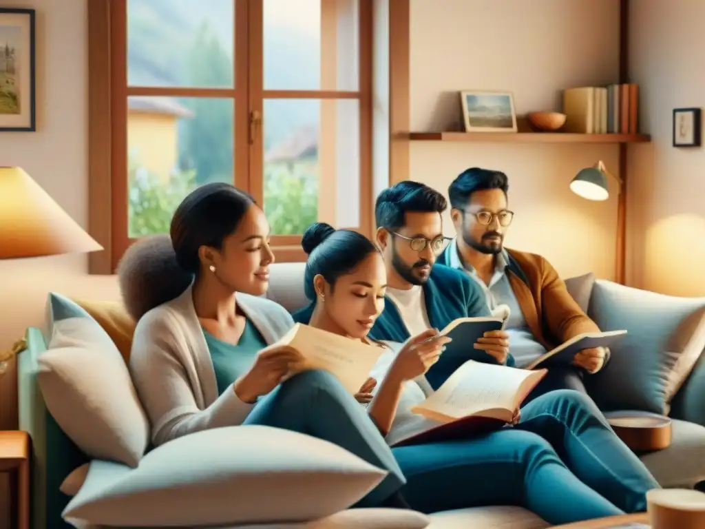 Un grupo diverso de personas aprendiendo idiomas viendo películas juntos en una sala acogedora