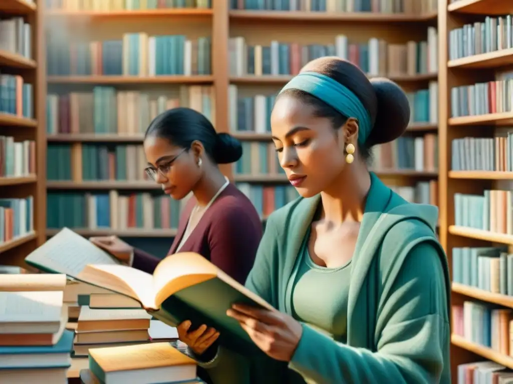 Un grupo diverso de personas lee y escribe apasionadamente en varios idiomas en una biblioteca acogedora, representando la resistencia y belleza de las lenguas minoritarias en la literatura, evitando su extinción