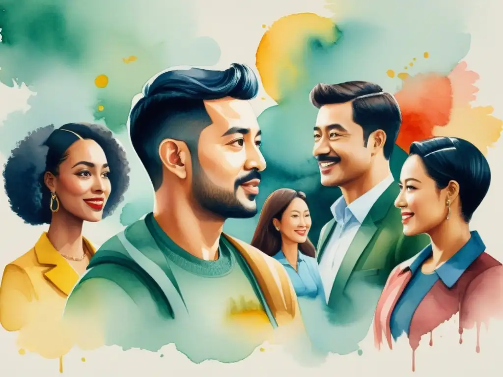 Un grupo diverso de personas conversa animadamente en una ilustración detallada acuarela, representando dialectos y regionalismos
