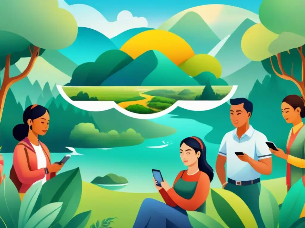 Un grupo diverso de personas indígenas aprendiendo lenguas en apps, rodeados de naturaleza vibrante y símbolos culturales