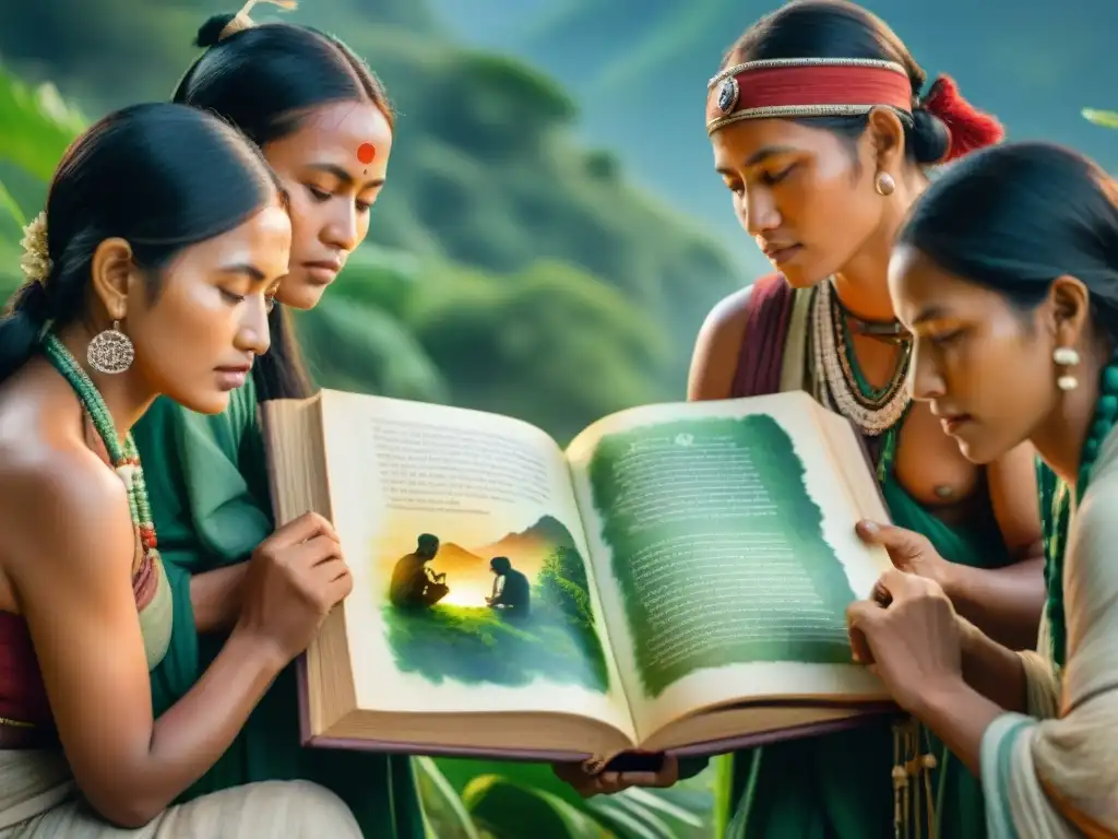 Indígenas preservando lenguas: ilustración acuarela diversa y detallada Grupo diverso de personas indígenas estudian libro antiguo con símbolos, urgencia por documentar lenguas en peligro en paisaje exuberante