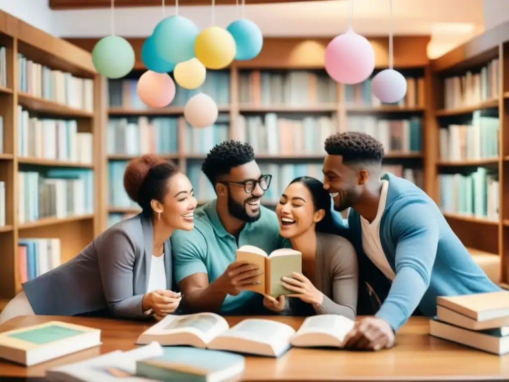 Un grupo diverso de personas riendo juntas en una acogedora biblioteca llena de libros y burbujas de diálogo coloridas