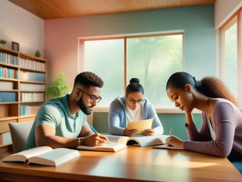 Un grupo diverso de personas estudia juntas en una habitación acogedora y soleada, llena de libros y laptops