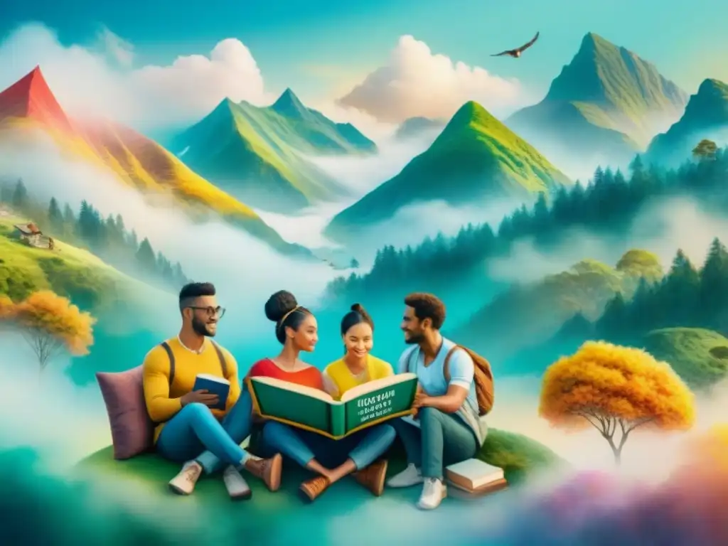 Un grupo diverso de personas lee libros en diferentes idiomas, rodeados de colores y magia, en un paisaje fantástico