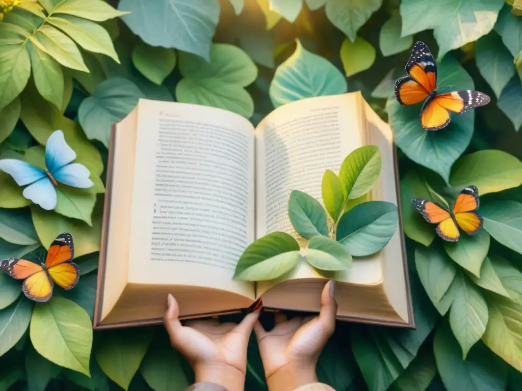 Un grupo diverso de personas escucha atentamente a mariposas coloridas surgir de un antiguo libro en un bosque mágico