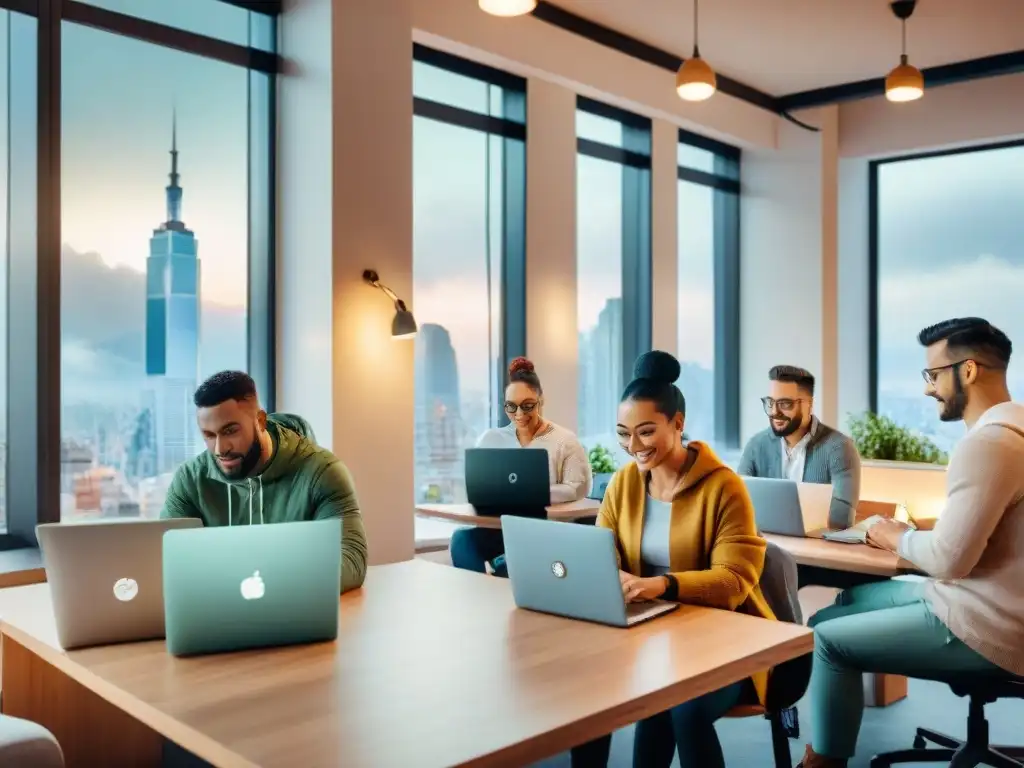 Un grupo diverso de personas trabaja colaborativamente en laptops en un moderno espacio de coworking con vista a la ciudad