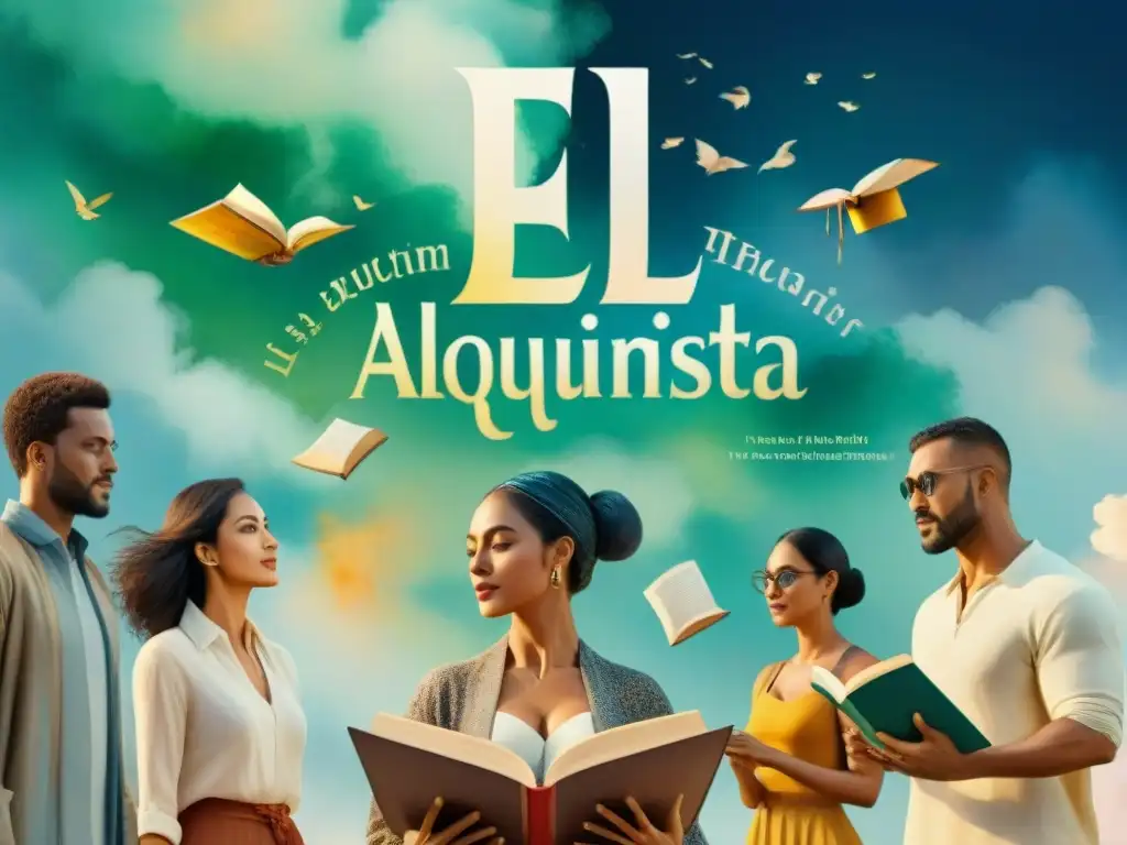 Un grupo diverso de personas de distintos orígenes culturales leyendo 'El alquimista' de Coelho en su idioma