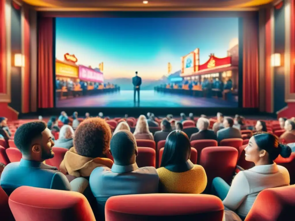 Un grupo diverso de personas disfruta una película con subtítulos en diferentes idiomas en un cine acogedor