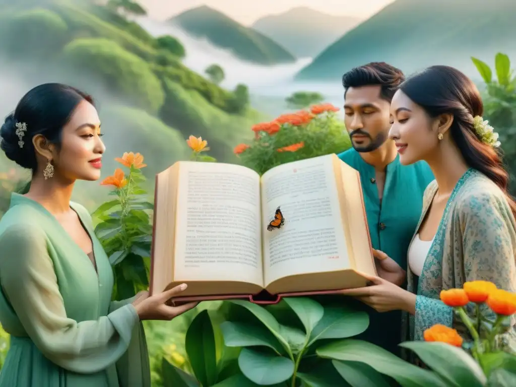 Encuentro poético multicultural en jardín exuberante Un grupo diverso disfruta de poesía en lenguas minoritarias en un jardín vibrante y acogedor