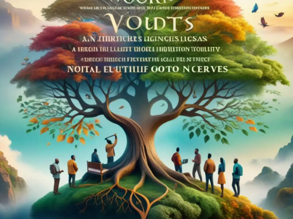 Poetas del mundo: unidos por la diversidad lingüística Un grupo diverso de poetas recita versos en lenguas minoritarias bajo un árbol de idiomas, exaltando la poesía en lenguas minoritarias