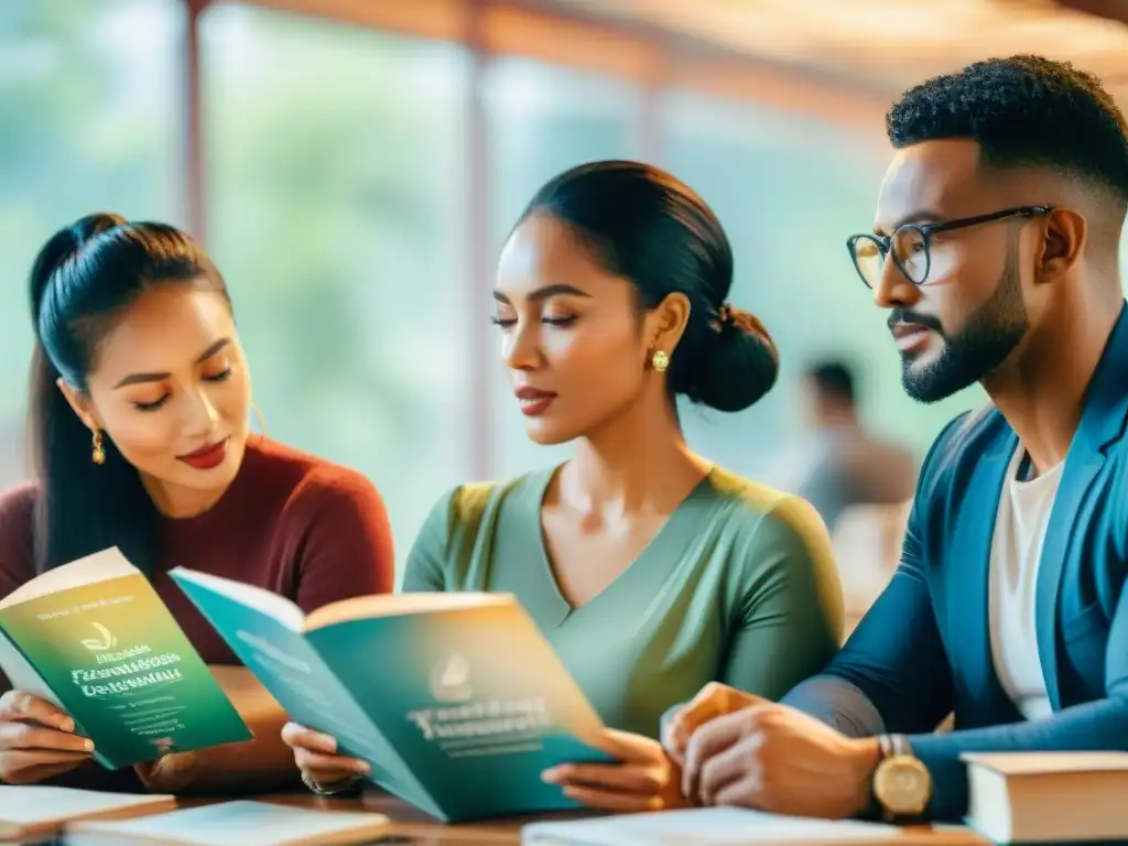 Un grupo diverso de profesionales aprendiendo idiomas juntos, rodeados de recursos