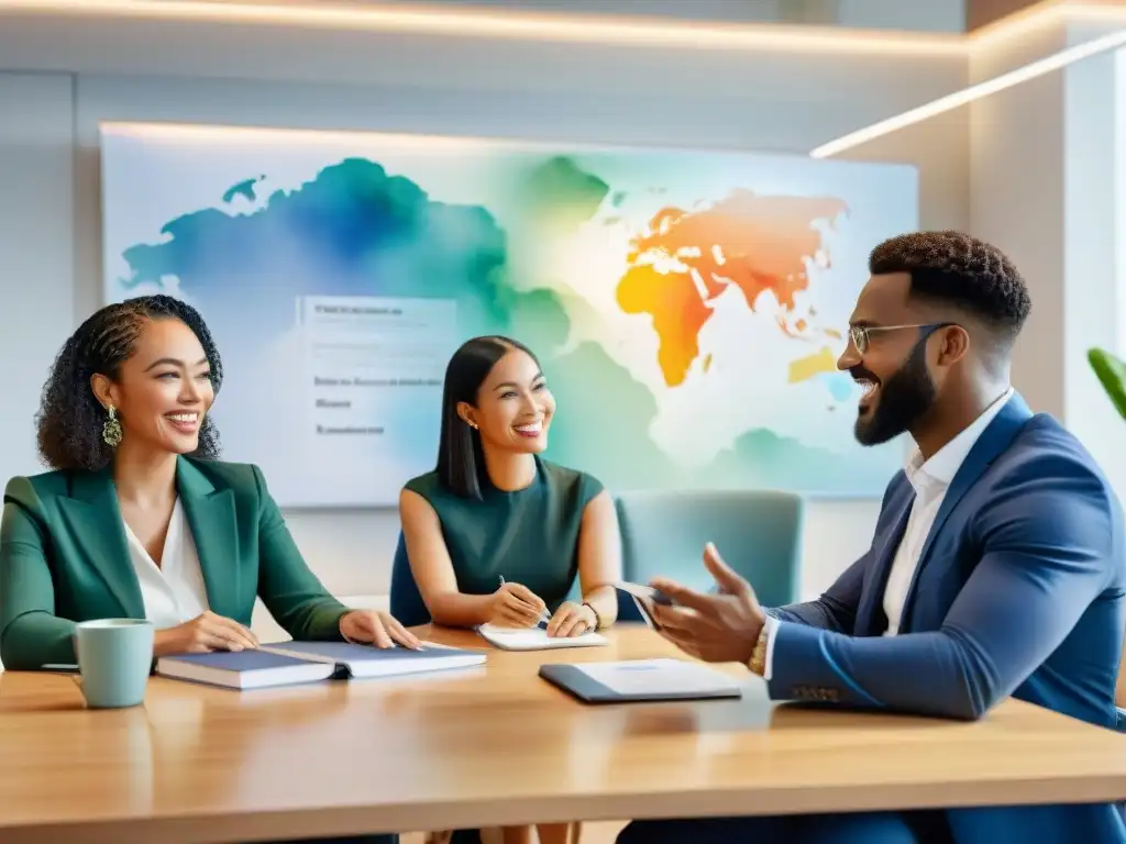 Un grupo diverso de profesionales discute animadamente en una oficina moderna, rodeados de material de aprendizaje de idiomas