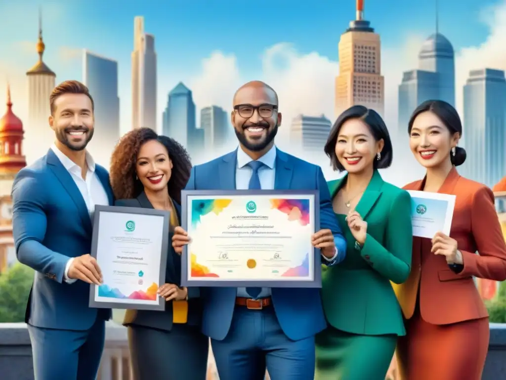 Un grupo diverso de profesionales sonrientes con certificados de idiomas, en una ciudad vibrante