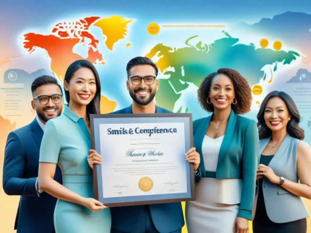 Un grupo diverso de profesionales sonrientes, con certificados de idiomas, frente a un mapa mundial