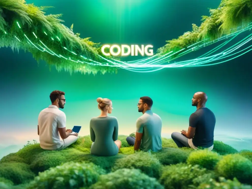 Un grupo diverso disfruta de la programación inspirada en lenguas naturales, rodeados de tecnología y naturaleza fusionadas