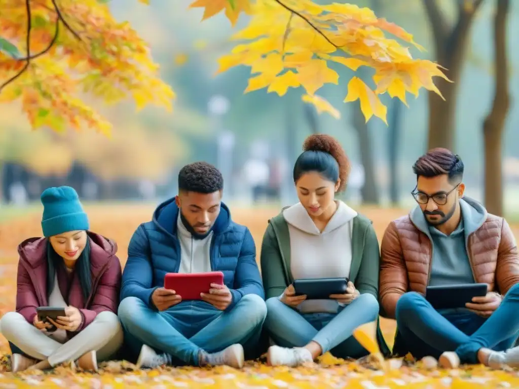 Un grupo diverso mejora su pronunciación de idiomas con aplicaciones en un parque otoñal sereno