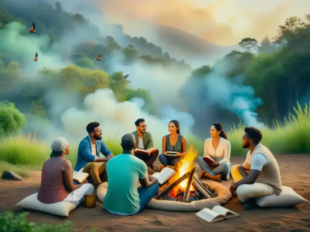 Un grupo diverso reunido alrededor de una fogata en el bosque, sosteniendo libros antiguos y scrolls, mostrando revitalización de dialectos extintos