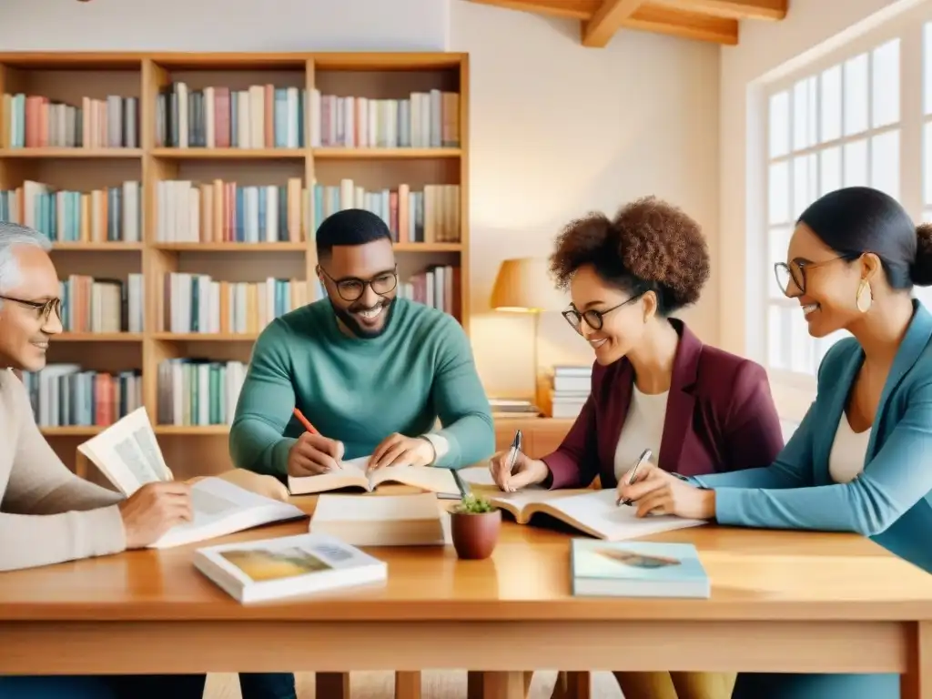 Un grupo diverso de traductores colaborando en una acogedora habitación llena de libros coloridos