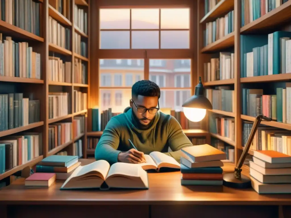 Un grupo diverso de traductores colabora en una acogedora habitación llena de libros, enfocados en traducción literatura idiomas menos conocidos