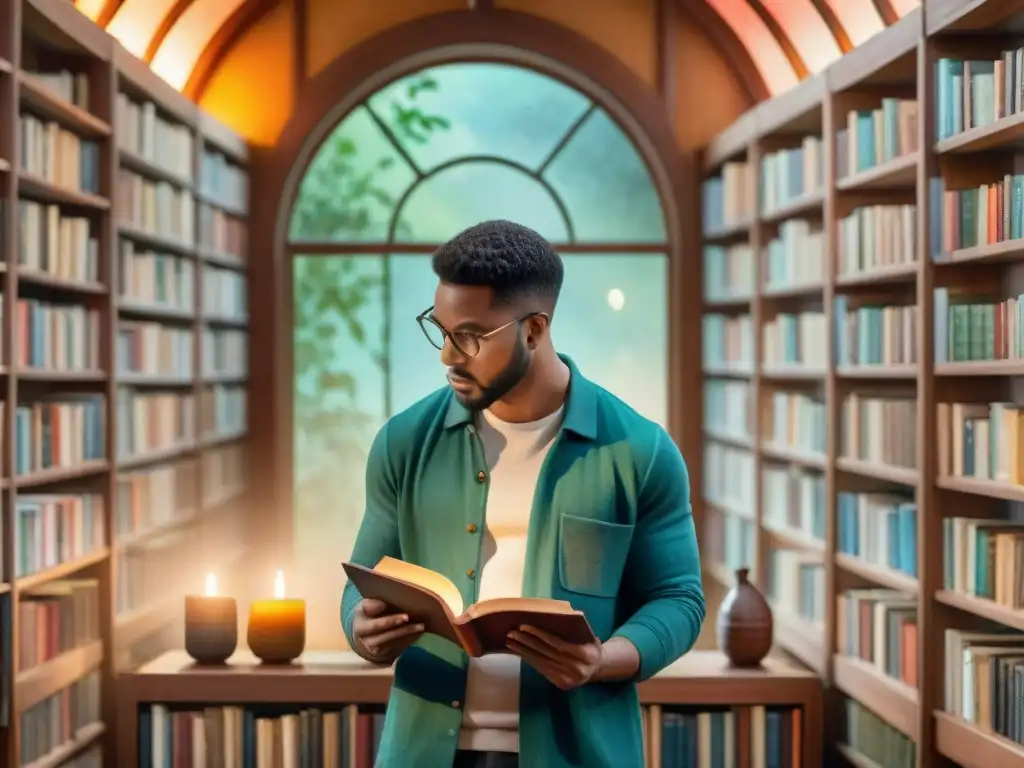 Grupo diverso de traductores concentrados en lenguas, rodeados de libros antiguos en una biblioteca acogedora