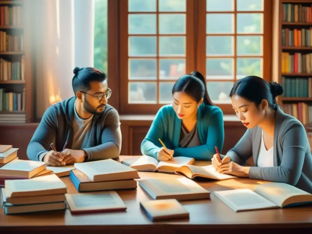 Grupo diverso de traductores trabajando juntos en traducciones literarias