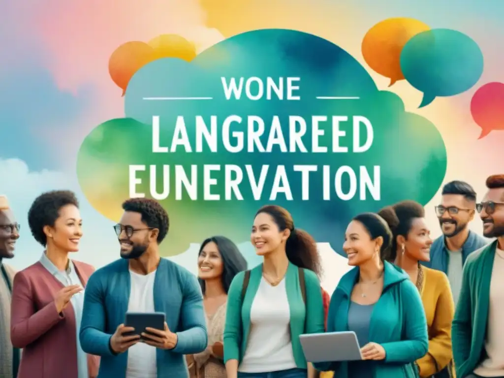 Un grupo diverso unido en una revitalización digital de idiomas en riesgo, con burbujas de colores y unidad cultural