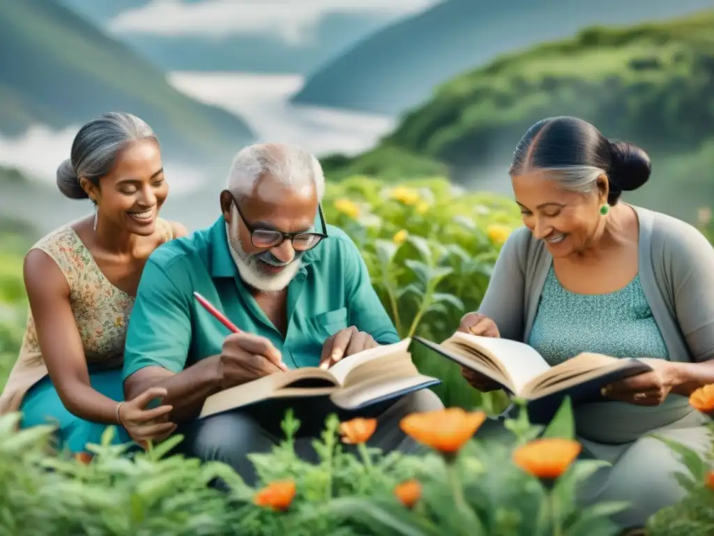 Un grupo diverso y vibrante documenta idiomas en comunidad, rodeados de naturaleza exuberante y coloridas flores