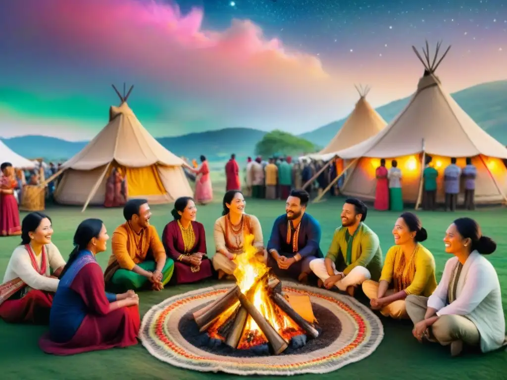 Celebra la diversidad: festival multicultural alrededor de la hoguera Un grupo diverso en vibrantes atuendos tradicionales, unidos alrededor de una fogata en un festival de lenguas y culturas minoritarias vivas