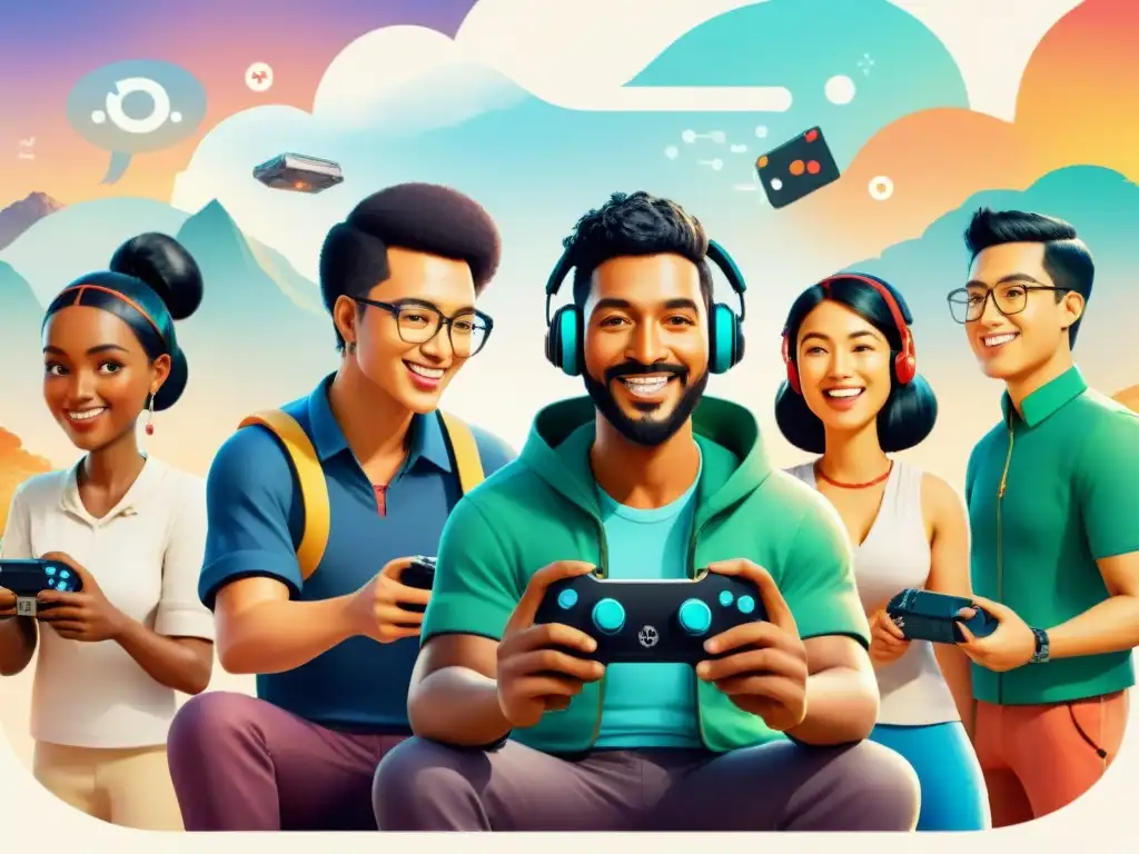 Grupo diverso disfruta videojuegos, enseñando idiomas en mundo virtual colorido