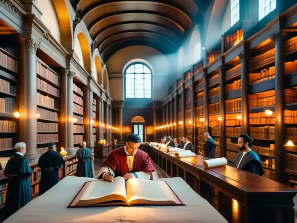 Grupo de eruditos romanos transcribiendo textos en una biblioteca grandiosa