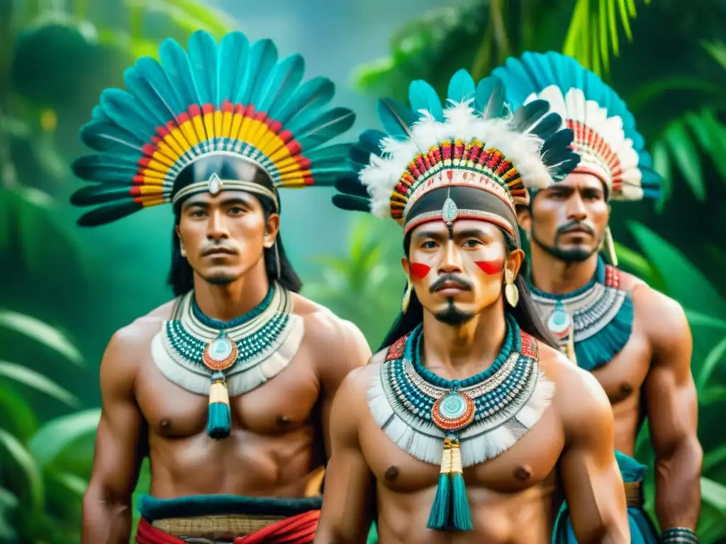 Grupo de guerreros Guarijío, orgullosos y fuertes, con atuendo tradicional en la selva exuberante