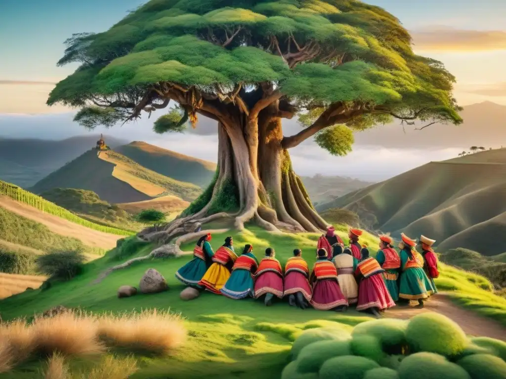 Un grupo de indígenas en trajes bolivianos tradicionales reunidos alrededor de un árbol antiguo, bajo un cielo vibrante al atardecer